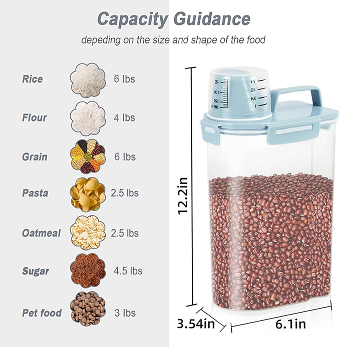 LEAWALK Airtight Rice Storage Container, 3 to 5Lbs Cereal Dry Food Flour and Sugar Bin, Pet Dog Cat Food Dispenser with Measuring Cup, BPA Free Clear Plastic Kitchen and Pantry Organization Bin-Blue