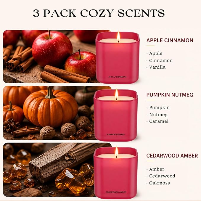 Scented Candle Gift Set for Women,3 Pack 4.2oz Natural Soy Wax Candles, Apple Cinnamon, Pumpkin Nutmeg & Cedarwood Amber, Long Lasting Aromatherapy Candles for Home, Birthday Holiday Gifts