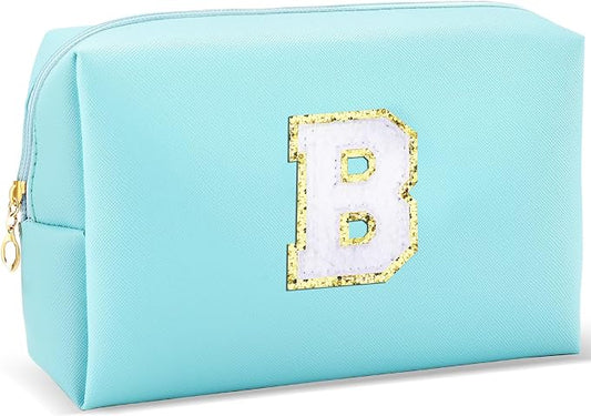 URSKYTOUS Gifts for Girls Initial Makeup Bag Personalized Cosmetic Bag with Zipper Cute Travel Toiletry Bag Waterproof PU Preppy Makeup Pouch Birthday Gift for Teen Girls Women(Blue B)