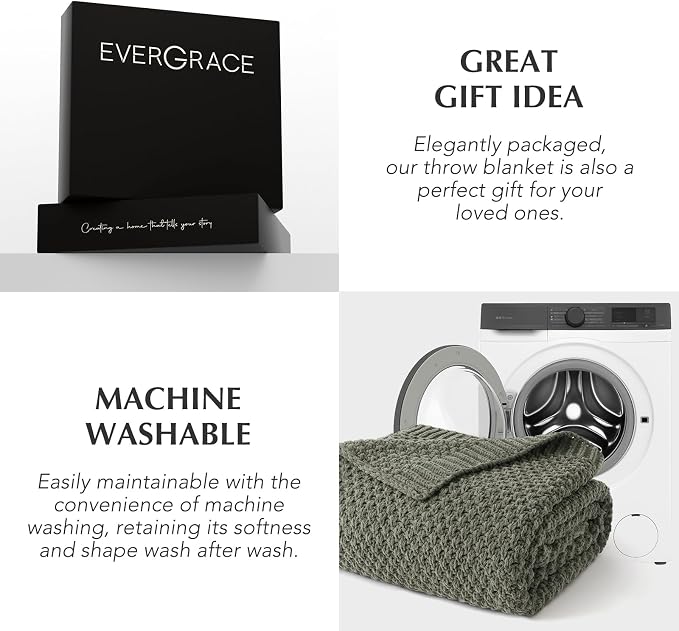 EVERGRACEHOME Chunky Chenille Knit Throw Blanket, 50x60, Dried Thyme Green | Sculpted Moss Stitch, Chic Modern Farmhouse, All-Season Warmth, OEKO-TEX® Certified, Elegant Blanket for Couch, Bed, Sofa