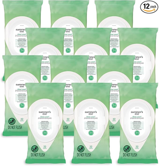 Summer's Eve Feminine Wipes, Aloe Love, Vaginal Wipes with Gentle pH-Balanced Micellar Water Formula, Feminine Care to Help Remove Vaginal Odor, Gynecologist Tested, 32 Wipes, 12 Pack
