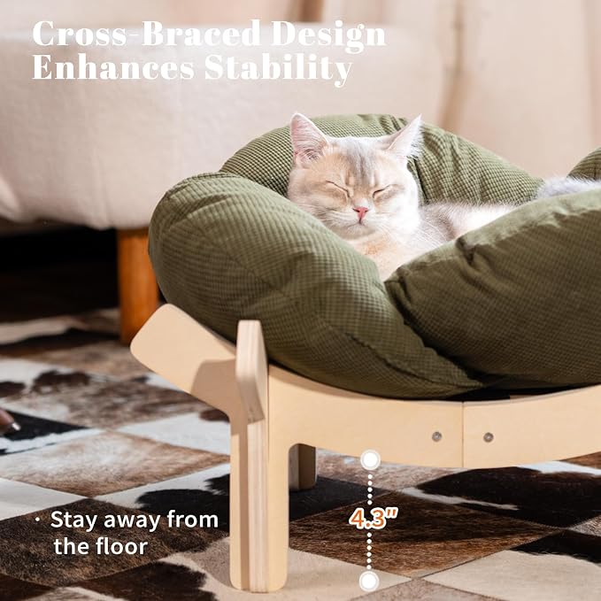 Elevated Cat Bed for Indoor Cats Couch Sofa Flower | Pet Beds with Soft Washable Cushion, Stable Wooden Frame, Raised Cat Hammock & Furniture for Kitty & Puppy All-Season(Green)