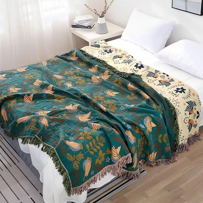 Boho Throw Blanket for Bed 100% Cotton Bohemian Blankets Ultra Soft Woven Muslin Decorative Blankets All Seasons Vintage Quilt Knitted Blanket for Sofa Chair(Blue, 60"x80")