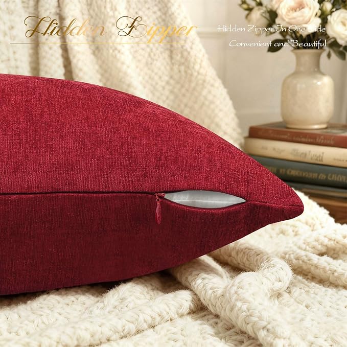 BRAWARM Throw Pillow Covers 20x20 Inches - Red Chenille Pillow Covers Pack of 2, Solid Dyed Soft Chenille Pillow Cases for Couch Sofa Bed Home Decoration