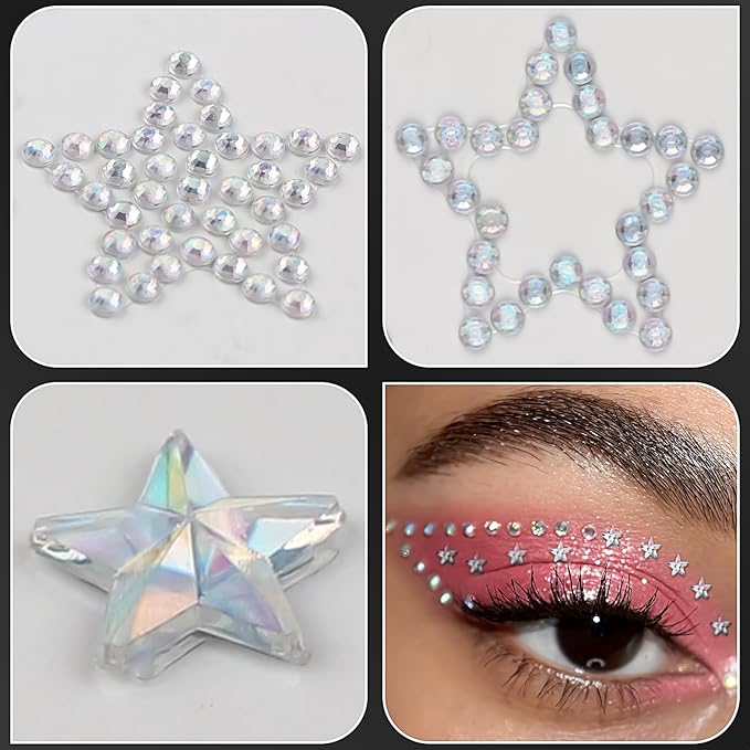 3 Sheets Star Gem Stickers Self Adhesive Rhinestone Stickers Glitter Silver Star Sticker Acrylic Face Jewel Sticker Bling Hair Diamond Decals Sparkly Crystal Pearls for Body Nails Crafts Decoration