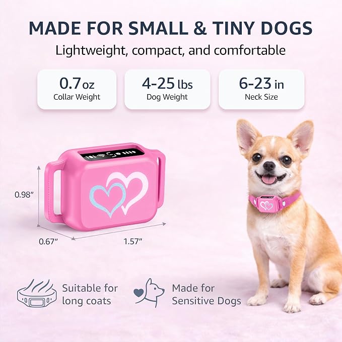 Bark Collar for Small Dogs 5-15 lbs with Magnetic Charging – No Shock, 3 Beep & Vibration Modes, 5 Sensitivity Levels - Humane Stop Anti-Barking Device - Dog Training Bark Collar (Candy Pink)