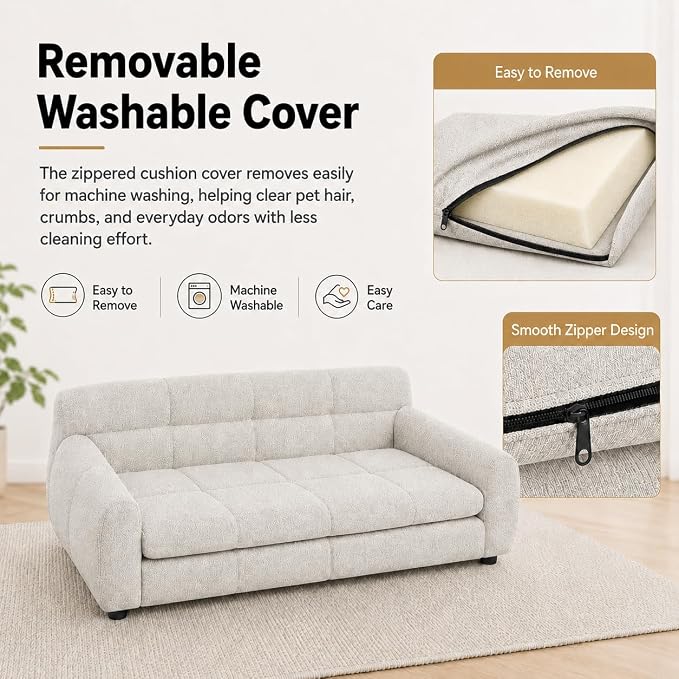 51"×28" Large Dog Sofa, for Large & Extra Large Dogs | Detachable Cushion | Reinforced Low Base|Non-Sagging |Breathable Linen Fabric | Soft Cushion | Armrest & Backrest |Beige