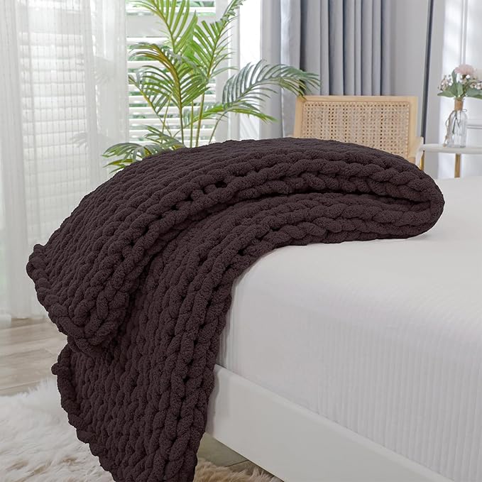 Bigacogo Chunky Knit Throw Blanket for Couch, 51x63 inches, Chocolate | Hand Knit with Jumbo Chenille, Soft Breathable Cable Knit for Sofa Bed Living Room, Machine Washable, Gift for Mom Friend