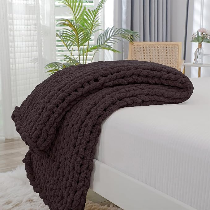 Bigacogo Chunky Knit Throw Blanket for Couch, 40x80 inches, Chocolate | Hand Knit with Jumbo Chenille, Soft Breathable Cable Knit for Sofa Bed Living Room, Machine Washable, Gift for Mom Friend