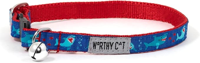 THE WORTHY DOG Characters Pattern, Breakaway Cat Collar, with Bell, Blue