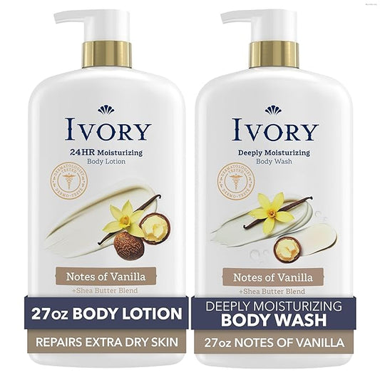 Ivory Hand & Body Lotion + Body Wash Bundle, Vanilla Scent, 24hr Moisturizing & Nourishing Hydration, Repairs and Soothes Extra Dry & Itchy Skin, Made with Shea Butter Blend, 27 fl oz (Pack of 2)