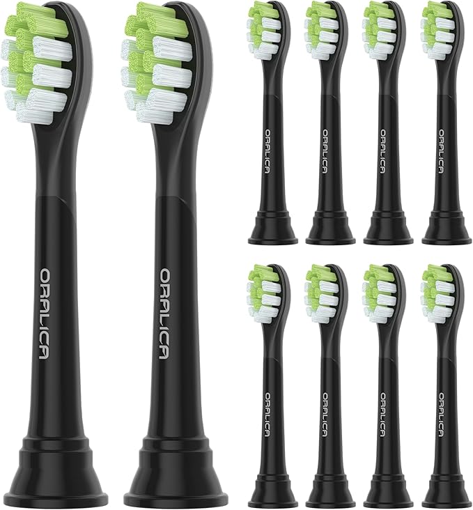 Oralica - Japanese Brand Whitening Replacement Toothbrush Heads, Compatible with Philips Sonicare Click-on Handles, 10 Pack, Medium, with Tongue Cleaner (CA668, Black)