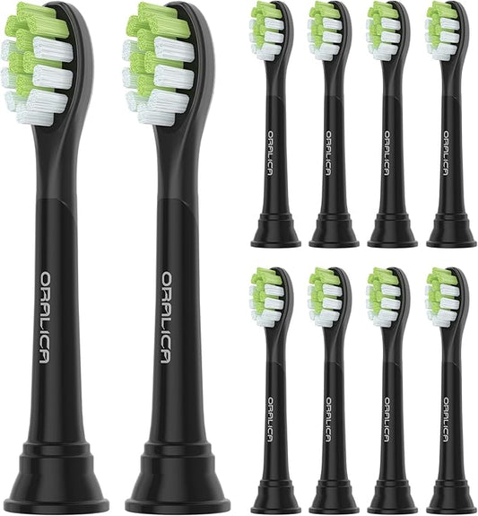 Oralica - Japanese Brand Whitening Replacement Toothbrush Heads, Compatible with Philips Sonicare Click-on Handles, 10 Pack, Medium, with Tongue Cleaner (CA668, Black)