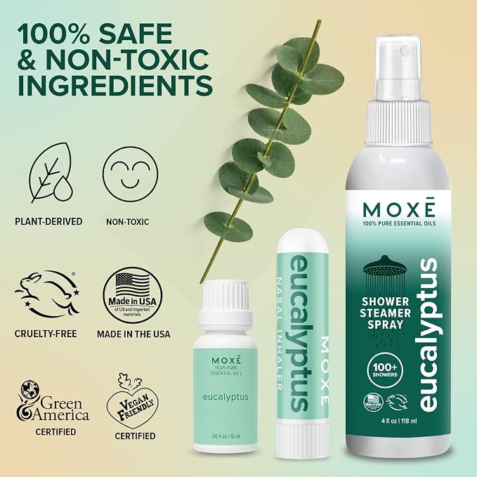 MOXĒ Eucalyptus Aromatherapy Gift Set, Essential Oil, Shower Steamer Spray, Portable Nasal Inhalers, Diffuser Essential Oil, Sinus & Congestion Relief, Therapeutic Grade, Made in USA