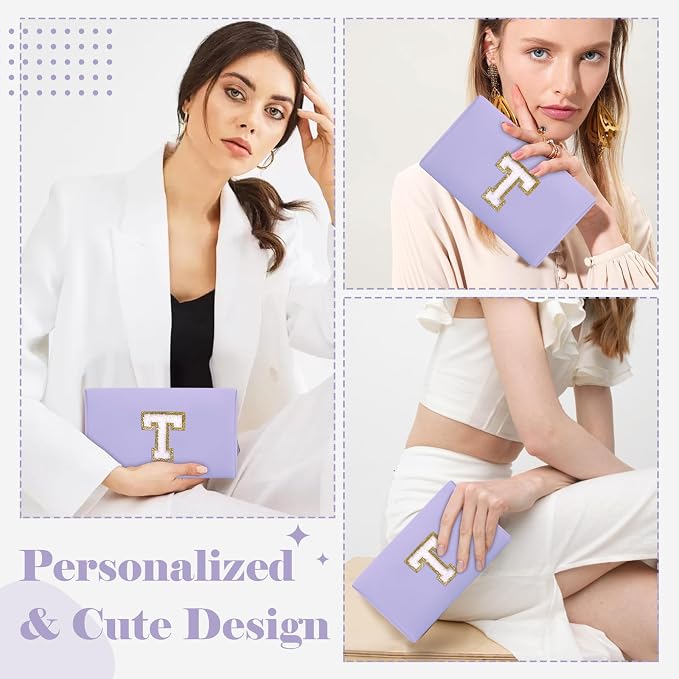 Personalized Makeup Bag Initial A-Z Preppy Patch Bag,Small PU Leather Travel Cosmetic Bag Pouch with Zipper,Purple Cute Toiletry Bag,Gift Ideal for Teen Girls Women Birthday Friend Mom,Latter T