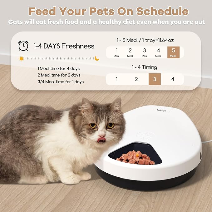Automatic Cat Feeder Wet Food, 2026 Upgraded Refrigerated Auto Cat Feeder with Semiconductor Cooling, 4 Days Freshness 5 Meals, Pet Food Dispenser for Cats and Small Dogs, Easy to Clean