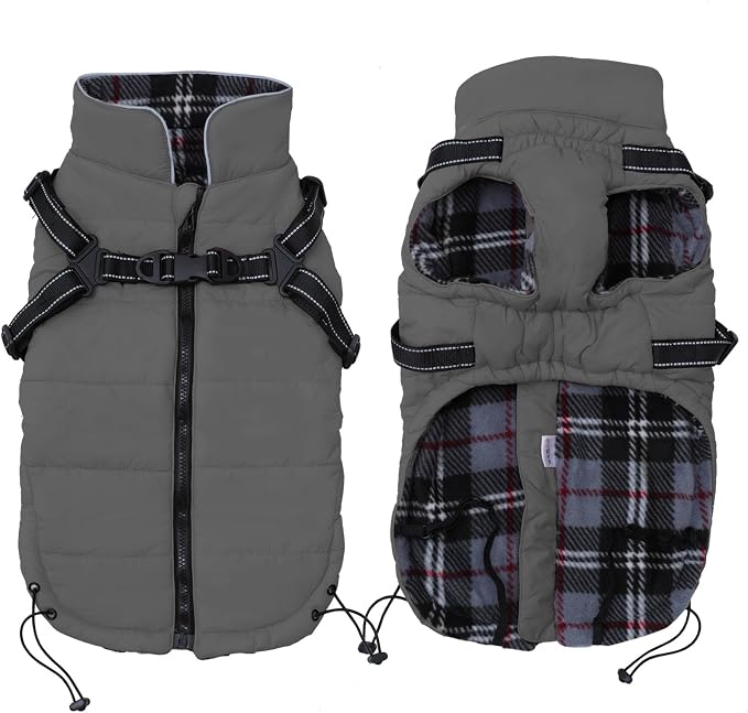 Winter Warm Coat Geyecete Waterproof Dog Winter Jacket with Harness Traction Belt,Pet Outdoor Jacket Autumn and Clothes for Medium, Small Dog-Gray-XS