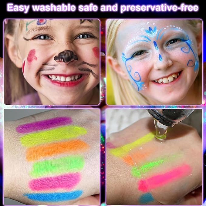 Glow in The Dark Face Body Paint, Glow In The Dark Under UV Black Light Sticks Makeup Neon Face Painting Kits for Adult Halloween Festival Accessory Glow Party Supplies (12)