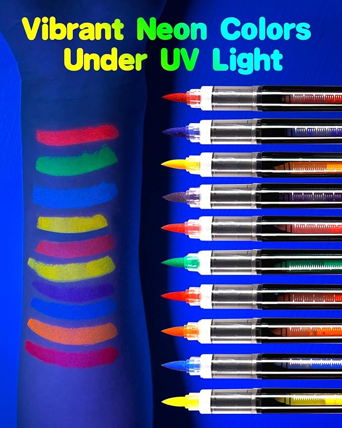 Oiomniv Glow in The Dark Face Paint Markers, 10 Colors UV Neon Body Paint Pens, Waterproof & Skin-Safe Blacklight Tattoo Markers, Washable Temporary Tattoo Pens for Christmas, Festivals & Parties