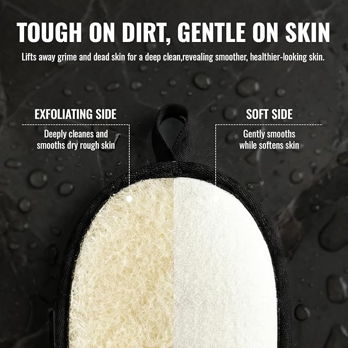 RIYNIBIY Natural Loofah for Men, 2PCS Black & White Set Egyptian Luffa Body Scrubber for Shower & Bath, Quick-Drying Exfoliating Sponge Pad for Men's Hygiene & Body Care - Travel Essentials & Gym Tool