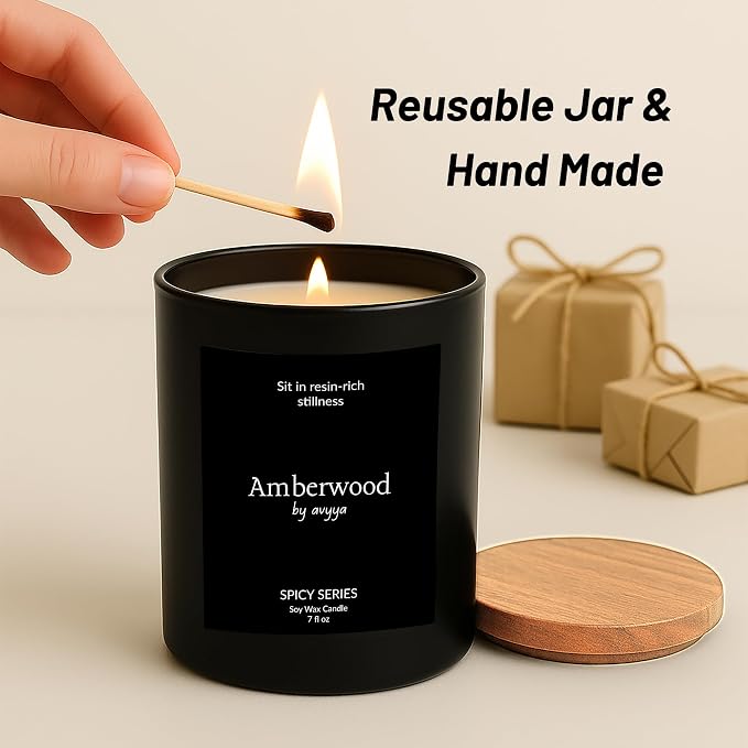 Spicy Series Soy Candle | 100% Natural Soy Wax, Essential Oil Aromatherapy | Eco-Friendly Wooden Wick and Reusable Jar | Carbon-Free | Handmade Gift Candle (Amberwood)
