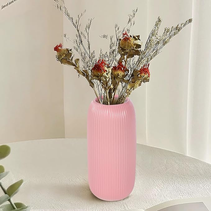 Ceramic Vase for Flowers – Modern Small Ribbed Textured Flower Vase for Home Decor, Pampas Grass, Decorative, Farmhouse, Coffee Table, Kitchen Centerpieces, Bookshelf and Home Living (Pink)