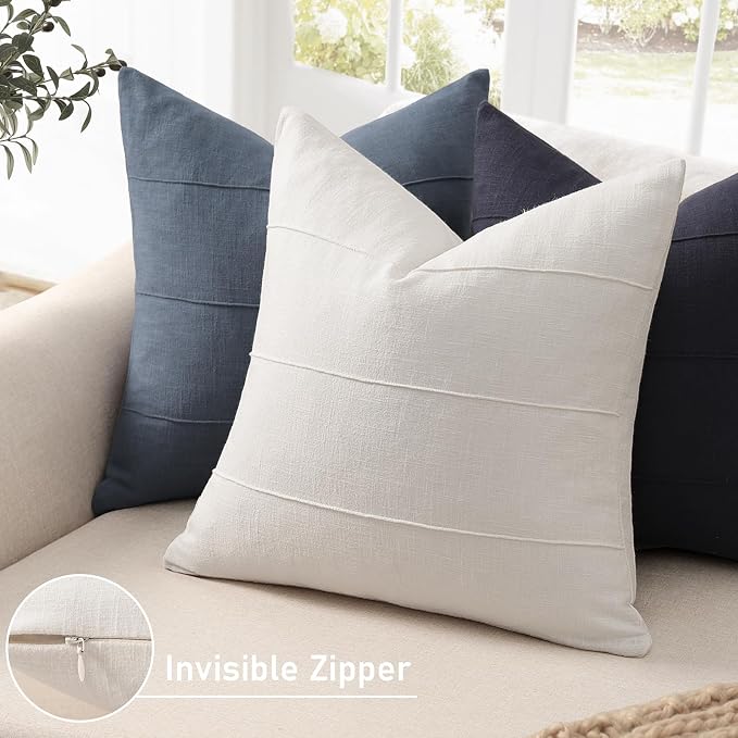 12x20 Pillow Covers Set of 2 Decorative Linen Lumbar Pillow Covers Solid handcrafted Striped Cushion Covers for Bed Soft Modern Farmhouse Neutral Pillowcase for Couch Bedroom Living Room(Cream White)