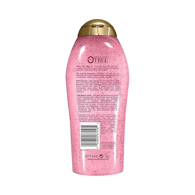 OGX Sensitive + Rose Water & Pink Sea Salt Exfoliating Body Scrub + Rose Quartz,Gentle Exfoliating Daily Body Wash Softens Skin,Body-Scrub for Women,Sulfate-Free Surfactants,19.5 fl oz,(Pack of 4)
