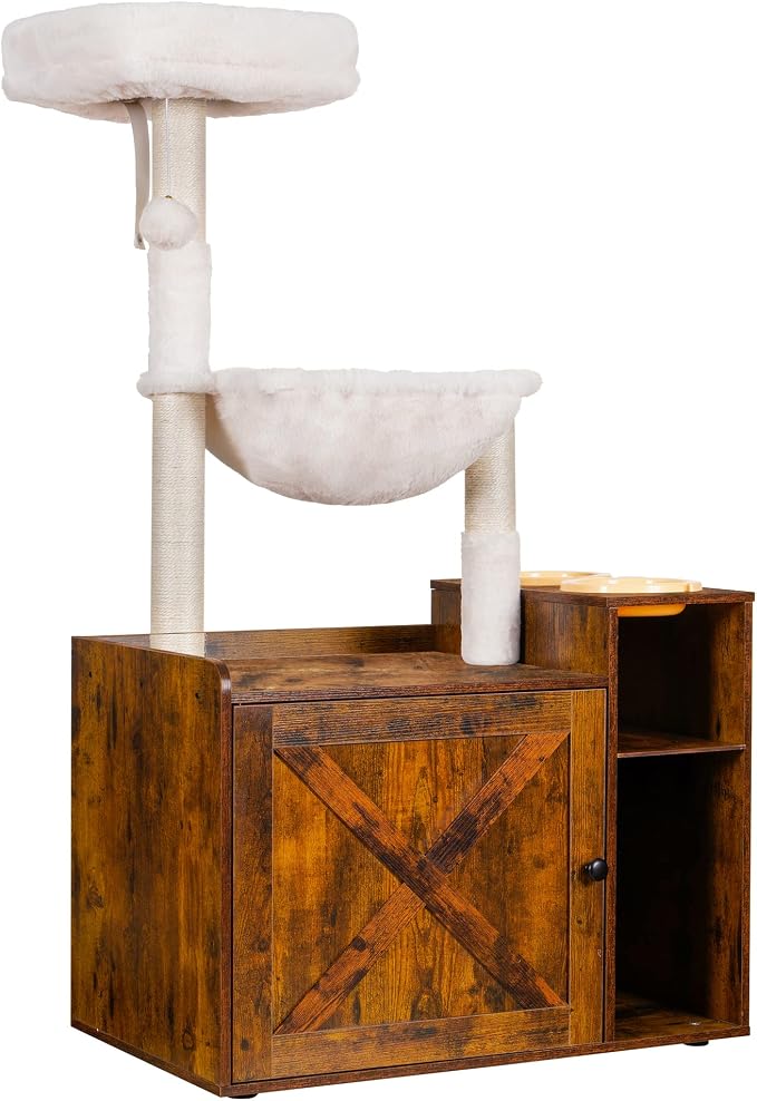 Hey-brother Cat Tree Tower, Food Station, XL Litter Box Enclosure, MPJ101SR | 48.81 Inches Wooden All-in-one Cat Furniture, Large Hammock, Bed, Scratching Posts, Big Basket for Indoor Cats, Rustic Brown