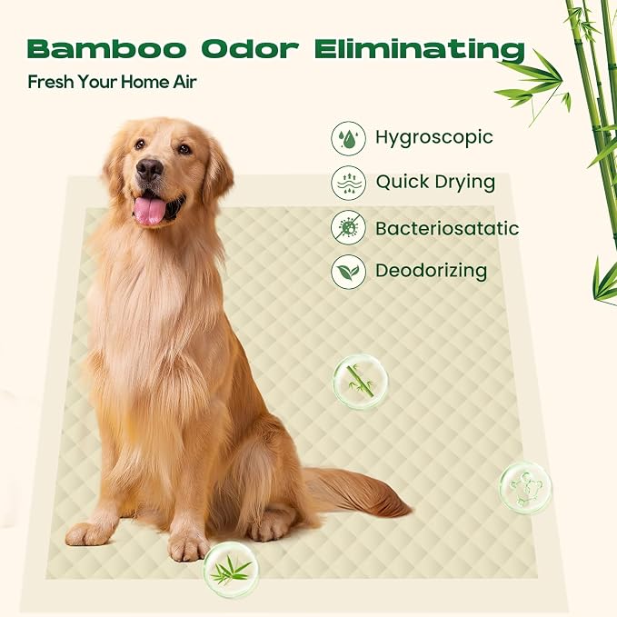 Puppy Pads Pee Pads for Dogs 30"x36" 50 Count with Tabs | Bamboo Training Pads Deodorizing Leakproof Quick Drying Dog Pee Pads Super Absorbent Full Edge-Wrapping Pee Pads
