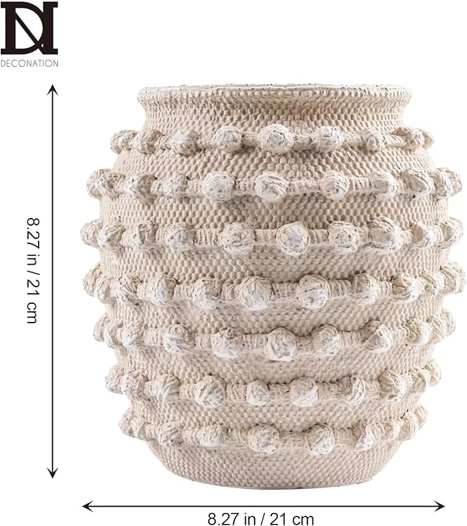 DN DECONATION Beige Flower Vase, 8.2" Farmhouse Boho Vase for Home Decor | Textured Rustic Vase, Cement Decorative Vases with Rope Knots for Living Room, Table Centerpiece, Shelf, Mantel Decoration