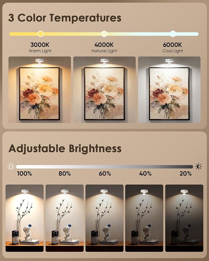 Picture Lights for Wall, Rechargeable Battery Magnetic Wall Lights with 3 Color Temps and 12 RGB, Picture Light with Remote, Dimmable and Timer, Decor Light for Painting/Frame/Art Display