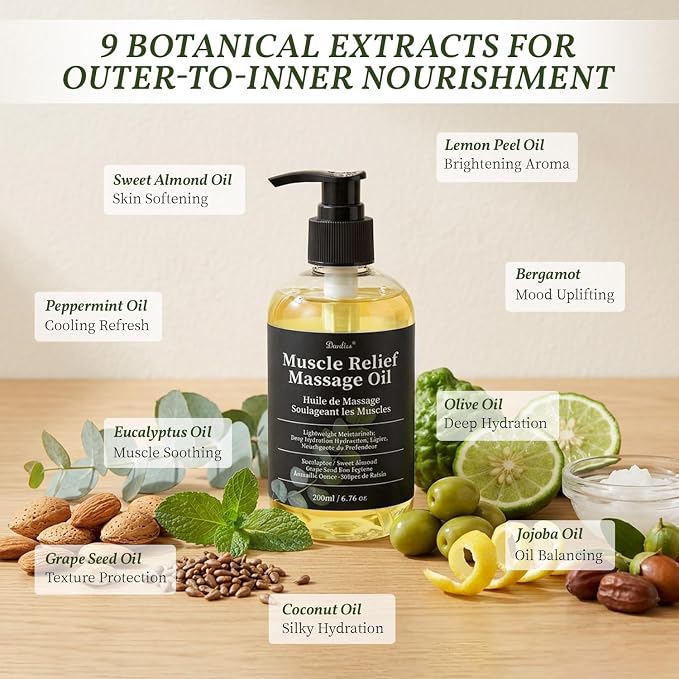 Massage Oil for Body Muscle Recovery & Fatigue Relief with Eucalyptus, Coconut & Sweet Almond Oil Collagen-Infused Refreshing Aromatherapy & Moisturizing Body Oil for Women and Men 6.76 FL OZ / 200 mL