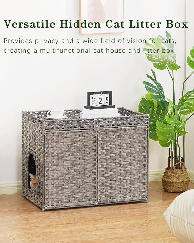 SETVSON Cat Litter Box Enclosure Furniture, Handwoven PE Rattan, Gray | Large Double-Door PE Rattan Kitty House, Fits Large Covered Litter Boxes, 2 Litter Mats, 2 S-Hooks, Metal Frame