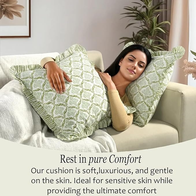 CPC Fern Regal Hand Block Print 100% Cotton Ruffle Throw Pillow Cover 18x18 inch with Hidden Zipper Decorative for Couch, Bed, Sofa, Farmhouse, Cottagecore Decor Gift Christmas Fall Thanksgiving