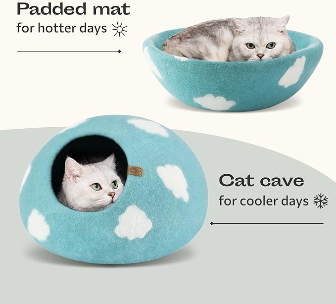 Cat Cave - Merino Wool Bed for Indoor Cats (Cloud Nap Blue, Medium) | Cat Bed Enclosure, Premium Felt, Handmade, Super Soft, Lightweight, Breathable, Adjustable Shape