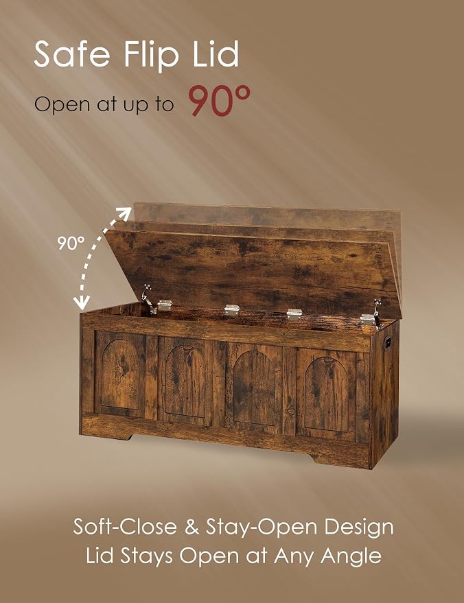 Storage Chest, Wooden Toy Box, Rustic Brown 50.0" L | Extra Large Storage Bench, 2 Soft-close Hinges, Finger-safe Flip-Top Lid, Easy Assembly, Farmhouse Trunk, Living Room/Bedroom
