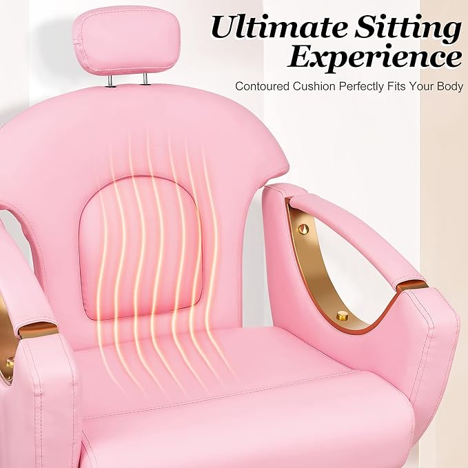 Baasha Ergonomic Reclining Salon Chair with Adjustable & Removable Headrest, Gold & Pink Hydraulic Styling Chair, Soft PU Leather, 135° Recline, 360° Swivel, Heavy-Duty Steel Frame, 330 lbs Capacity
