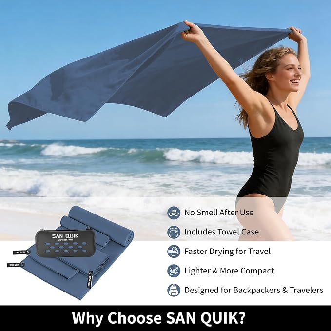 Quick Dry Camping Towel with EVA Case, Microfiber Travel Towel 3 Size at 1 Pack, Super Absorbent Lightweight Fast Drying Towel Set for Beach, Gym, Sports, Backpacking, Yoga & Swimming Pool, Navy Blue