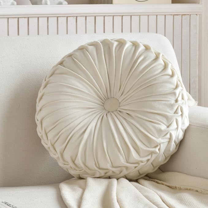 Teieas Round Throw Pillow Velvet Pleated Round Pillow Cushion | Boho pumpkin bed pillows,for bedroom,couch,chair,bed, car,home decoration beige 14.96''