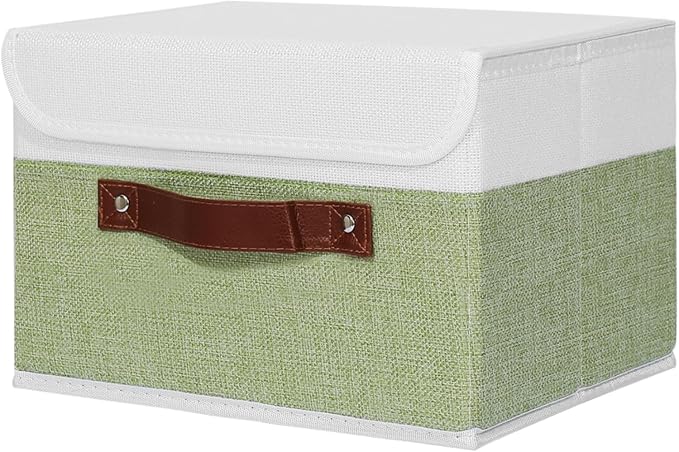 ANMINY Fabric Storage Box Bins with Lids, Green White, 13"x9"x7.9" | Keepsake Memory Storage, Cotton Linen, PP Board Reinforced, Washable, PU Handles, Foldable & Stackable, Decorative, Medium