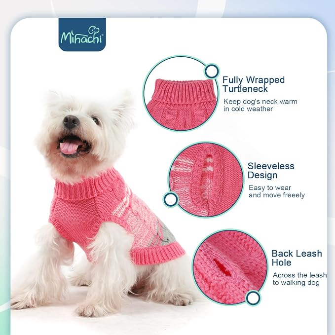Mihachi Dog Sweaters for Small Medium Dogs Girl Boy,Soft Warm Dogs Shirt, Cold Weather Dog Coat Turtleneck Knitted Pullover Dog Clothes Costume with Leash Hole for Large Cat Puppy Doggy Pet,Pink SM