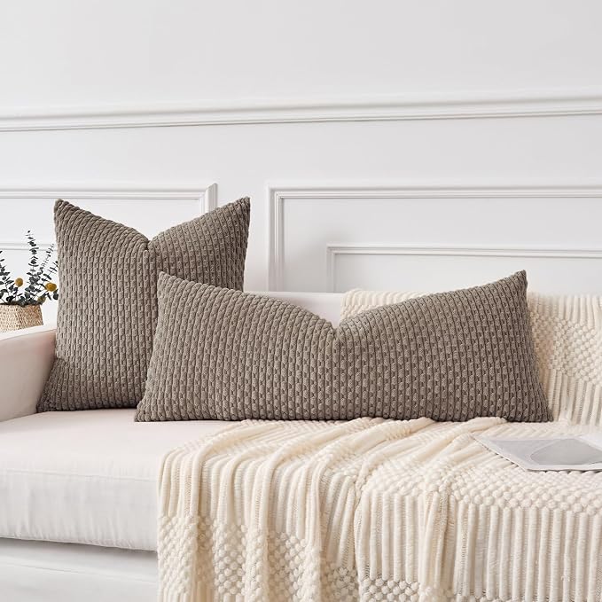 Kevin Textile Soft Corduroy 14"x36" Lumbar Pillow Cover 1 Pack, Light Brown | Boho Stripe Plush Corduroy Decorative Oblong Cushion Cover Modern Farmhouse Home Decor for Sofa Couch Bed Chair