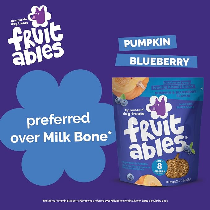 Fruitables Baked Dog Treats, Healthy Pumpkin Treat for Dogs, Low Calorie & Delicious, Made Without Wheat, Corn and Soy, Made in the USA, Allergy Friendly, Pumpkin and Blueberry Flavor, 32 oz