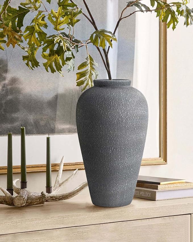 Large Ceramic Flower Vase 11 Inches, YBX Black Rustic Ceramic Vase, Decorative Farmhouse Tall Vase for Home Decor, Living Room, Bedroom, Centerpieces, Console, Wedding, Table Decorations, Black