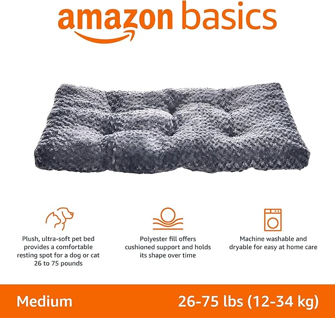 Amazon Basics Washable Cat and Dog Bed, Crate Pad for Indoor Use, 35 x 23 x 3 inches, Gray