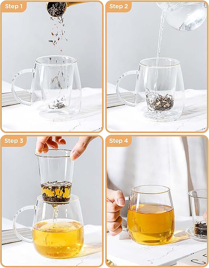 Lezero Glass Tea Cup with Strainer and Lid Gift Kit, Borosilicate Infuser Mugs with Filter for Blooming & Loose Leaf Tea, Heat Resistance, Lead-free, Microwave & Dishwasher Safe, 17oz