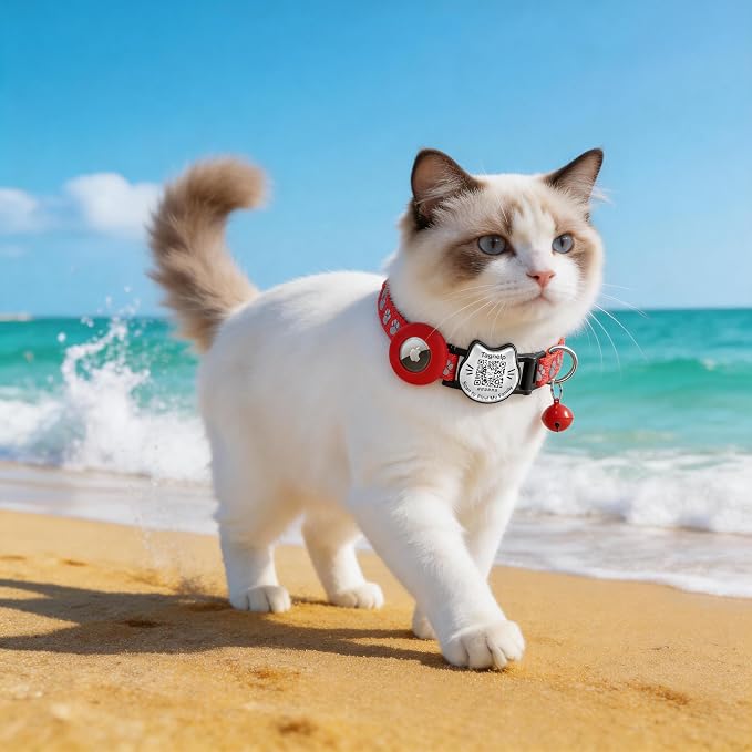 Cat Collar with AirTag Holder, QR Code Tag and Bell (Red, Paw Pattern)