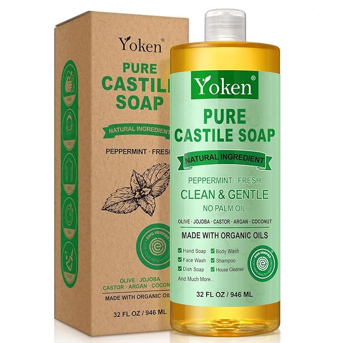 Yoken Peppermint Castile Soap Liquid (EWG Verified, 32 OZ) Made with Certified Organic Oils, Gentle Peppermint Soap for Body Wash, Face, Hands, Dishes, Laundry & More, Vegan Natural Versatile Cleanser