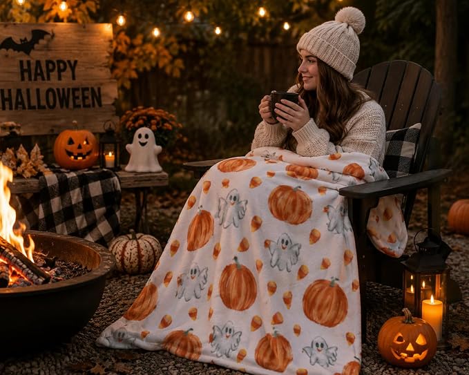 Halloween Ghost Fleece Throw Blanket, Cute Ghosts & Pumpkins, 50x70 XL size | Ultra-soft cozy flannel fleece, for sofa bed couch chair & dorms, spooky Halloween décor, durable and machine washable.